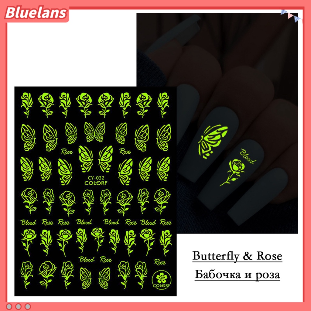 [BLM] 1lembar Indah Kuku Stiker Kertas Lengket Tinggi 3D Luminous Glow Manicure Decal Untuk Rumah