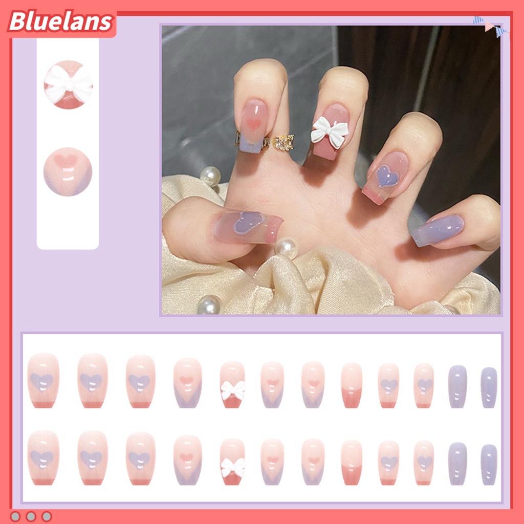 [BLM] 1set Kuku Buatan Penutup Penuh Gloss Tinggi Tahan Luntur DIY Mempesona Efek Visual Removable Bow Heart Fake Nail Dengan Lem Kuku Salon Supply