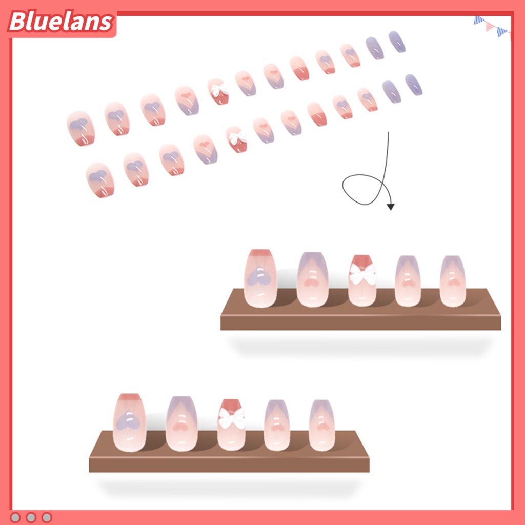 [BLM] 1set Kuku Buatan Penutup Penuh Gloss Tinggi Tahan Luntur DIY Mempesona Efek Visual Removable Bow Heart Fake Nail Dengan Lem Kuku Salon Supply