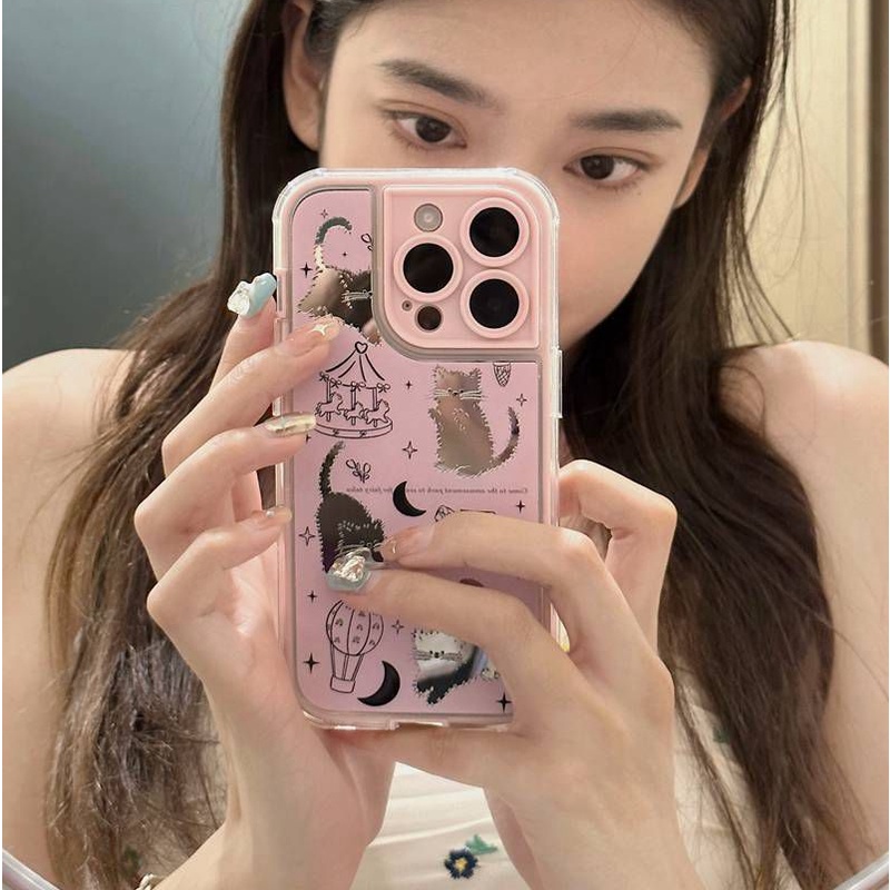 IPHONE Case TPU Lembut Mirror Pink Line Kitty iP Iphone14+Plus 11 12 13 Pro Max 2in1 FTD Cewek Wanita Casing Apple