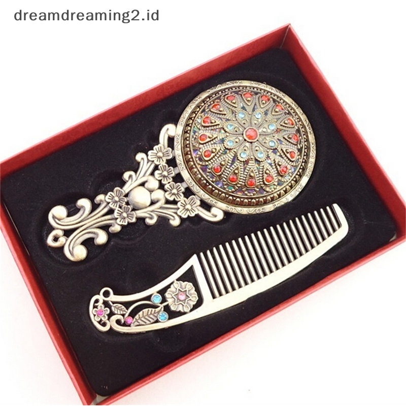 (drea) 2pcs Bronze Cermin Genggam Berongga Kosmetik Compact Mirror Comb Set Kotak Hadiah //