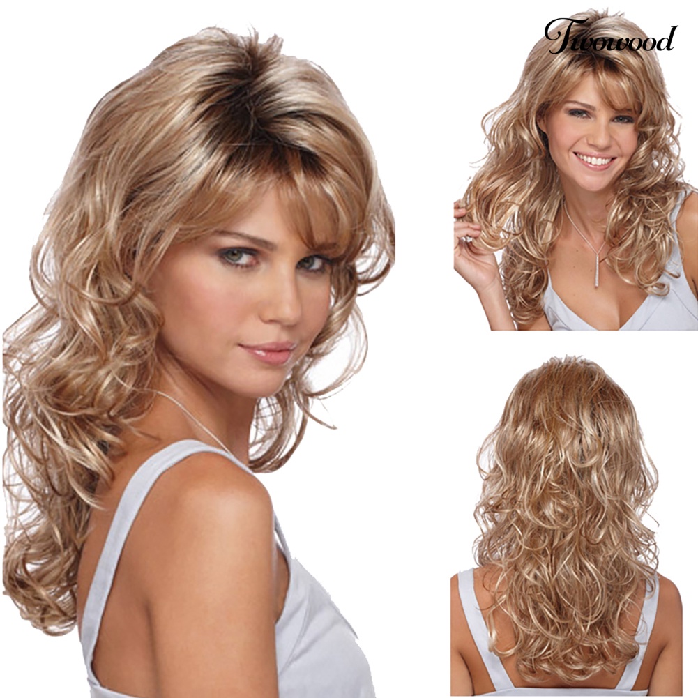 Twowood Wanita Fashion Panjang Bergelombang Keriting Rambut Cospaly Golden Full Wig Rambut Ekstensi