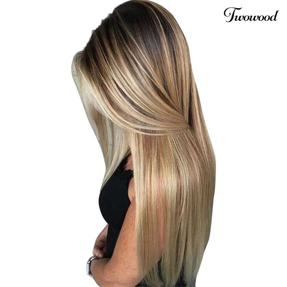 Twowood Long Wig Super Long Belah Tengah High Gloss Serat Suhu Tinggi Rambut Sintetis Golden Lurus Wig Untuk Perjamuan