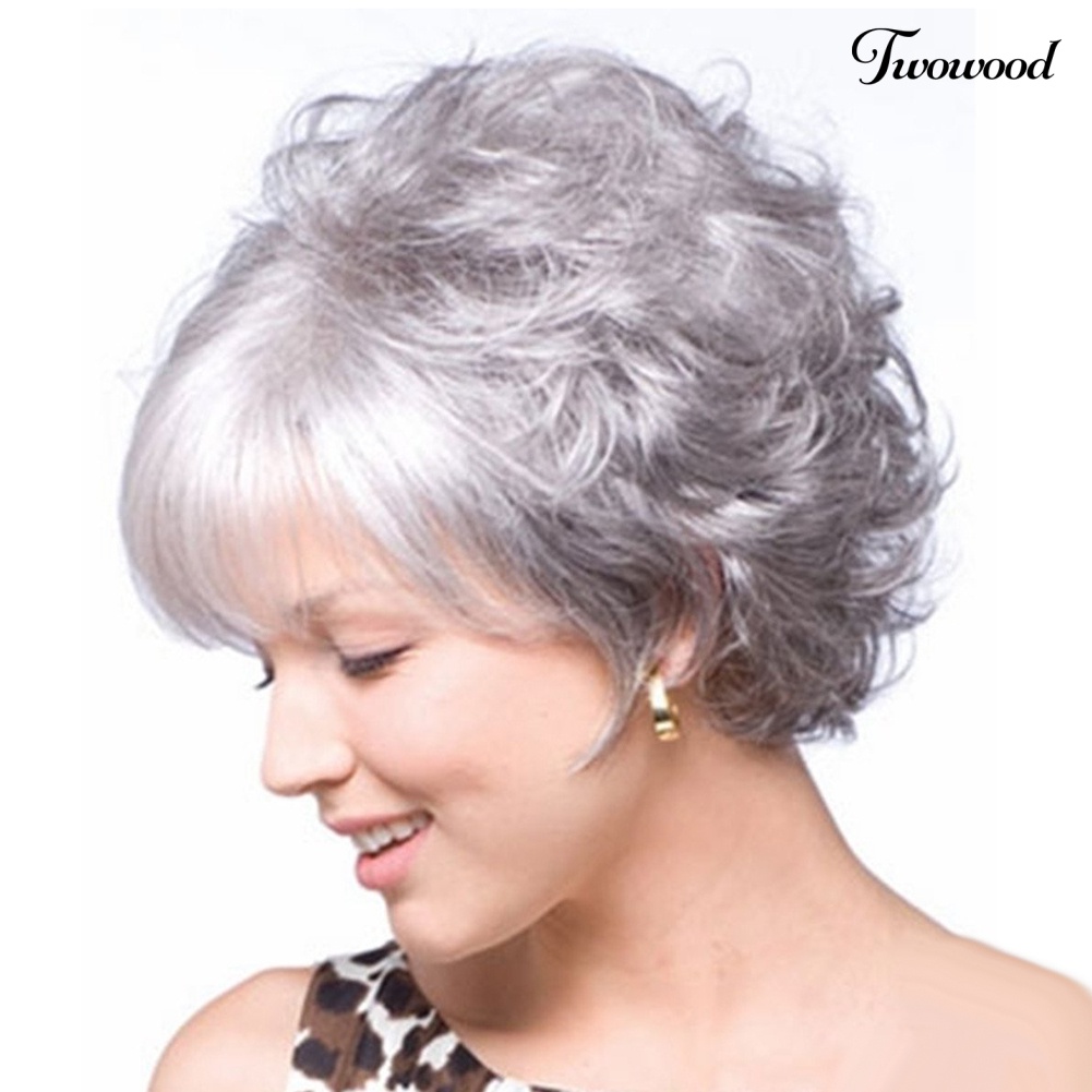 Twowood Wanita Fashion Nenek Abu Pendek Keriting Wig Berbulu Matte Sintetis Sopak