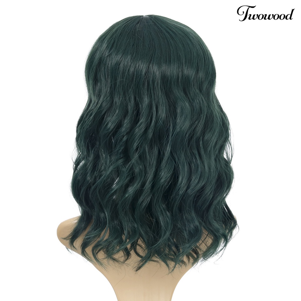 Twowood Wanita Wavy Mid Long Curly Wig Air Bangs Bermain Peran Kostum Pesta Sopak