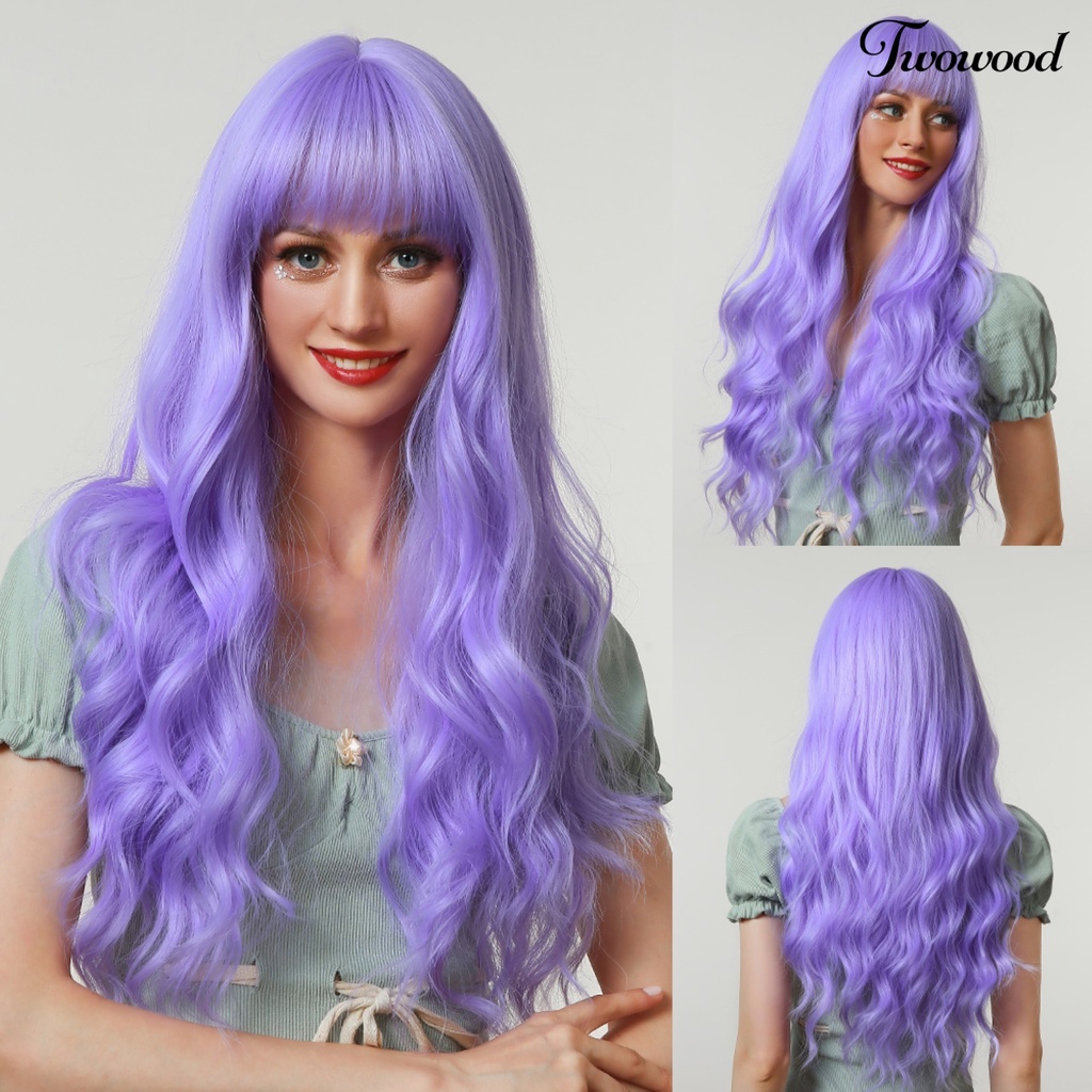 Twowood Wanita Wig Rambut Rapi Poni Bernapas Ringan Halloween Cosplay Wig Gelombang Panjang Untuk Perempuan