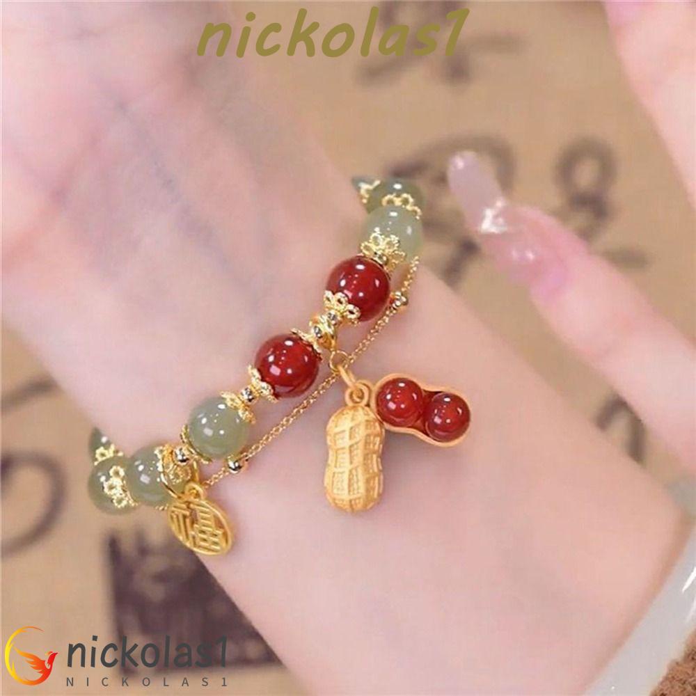 Nickolas1 Unisex Gelang Pasangan Elegan Hadiah Double Layer Gelang Cina Beruntung Karakter Warna Emas Rantai Kacang Liontin Manik-Manik Kaca Gelang Giok Imitasi