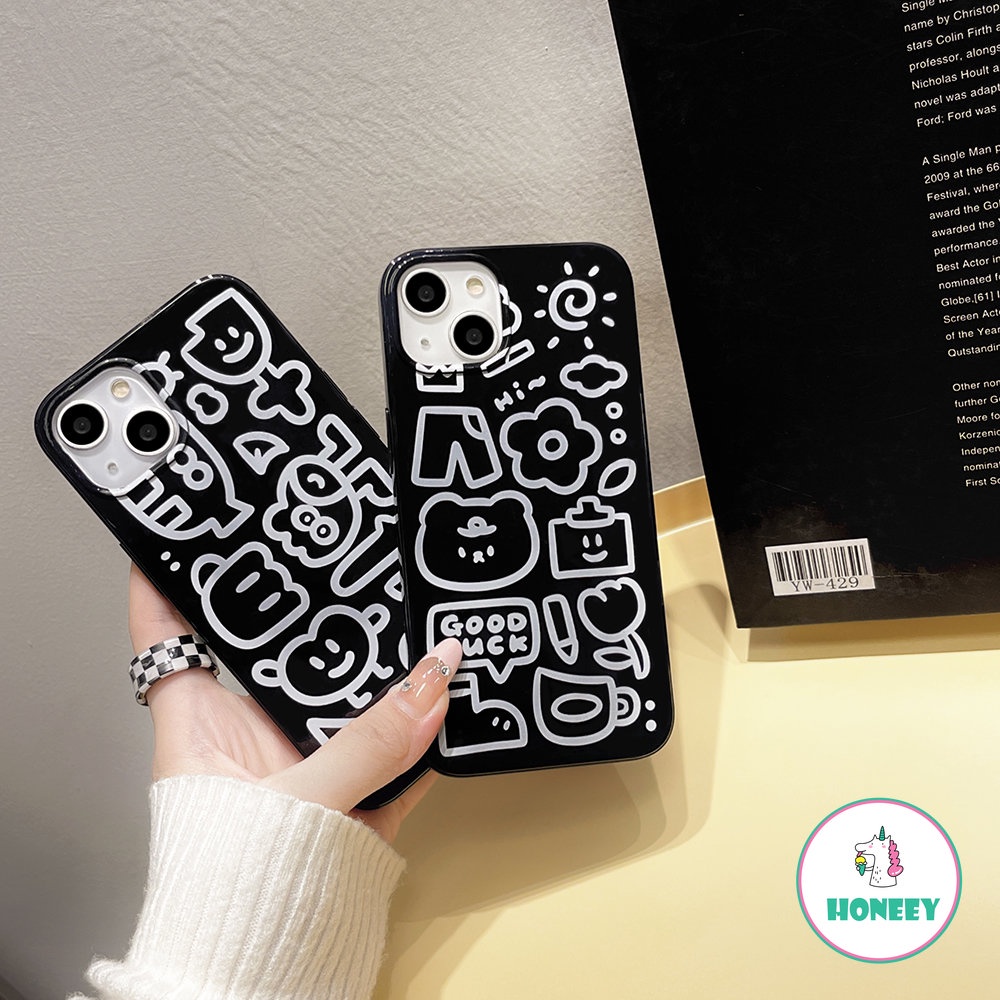 IPHONE Casing Ponsel Cinta Bunga Graffiti Lucu Kompatibel Untuk Iphone14 13 Pro Max12/12 Pro 11 Pro Max XR XS 7 8plus Hitam Lembut TPU Sarung Handphone