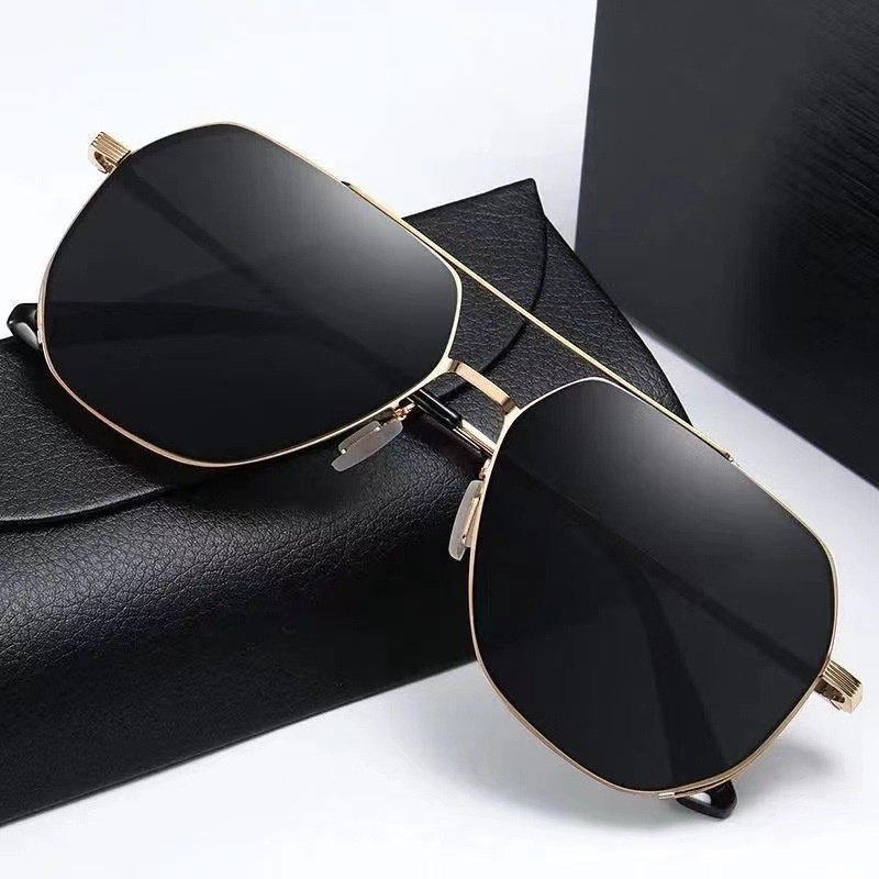 (YUZHU) Vintage Fashion Logam Double Beam Polarized Sunglasses Anti UV Mengemudi Kacamata Hitam Pria