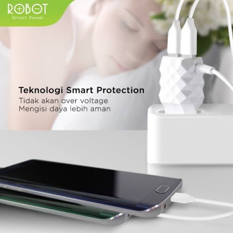 ROBOT RK-5 DIAMOND POWER CHARGER MICRO USB 2.1A DUAL PORT USB SMART CHIP MULTI PROTECTION.