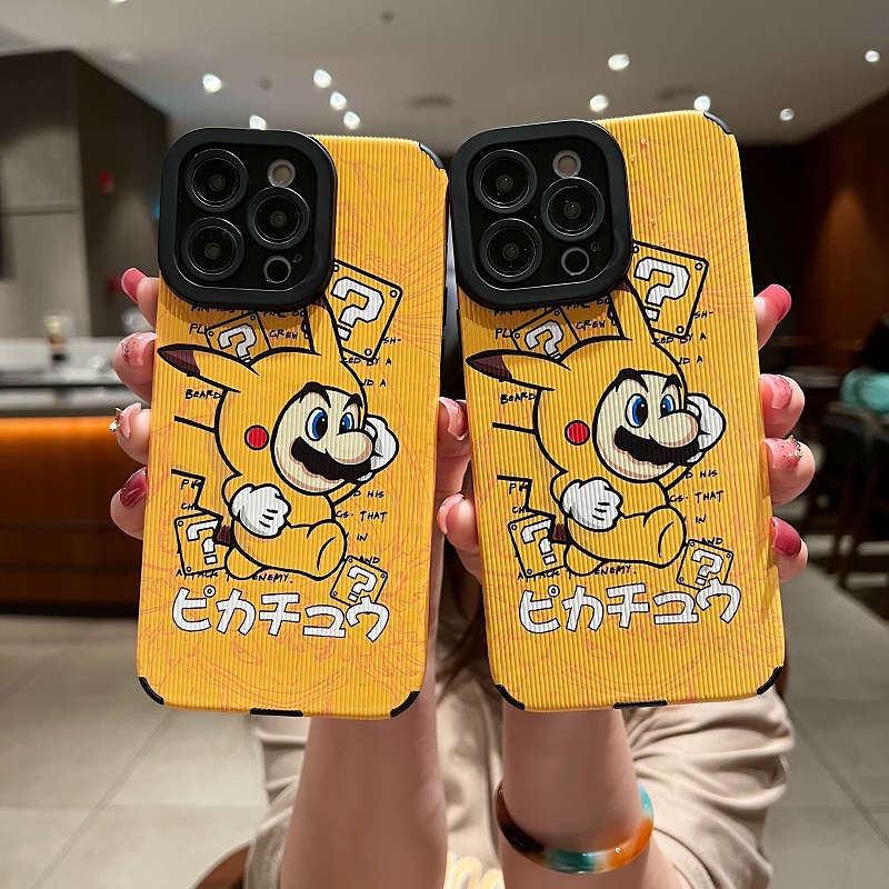 IPHONE Soft case Pelindung Kulit Tekstur Vertikal Kartun Pikachu Mario Untuk Iphone14 13 12 11 Pro Max X XR XS Max7 8 Plus