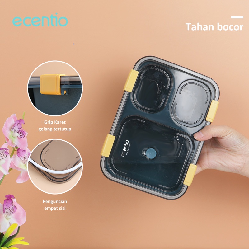 ecentio Kotak bento 4/3 Grid lunch box/disegel kotak makan/tempat makan dan sendok1400/850ml