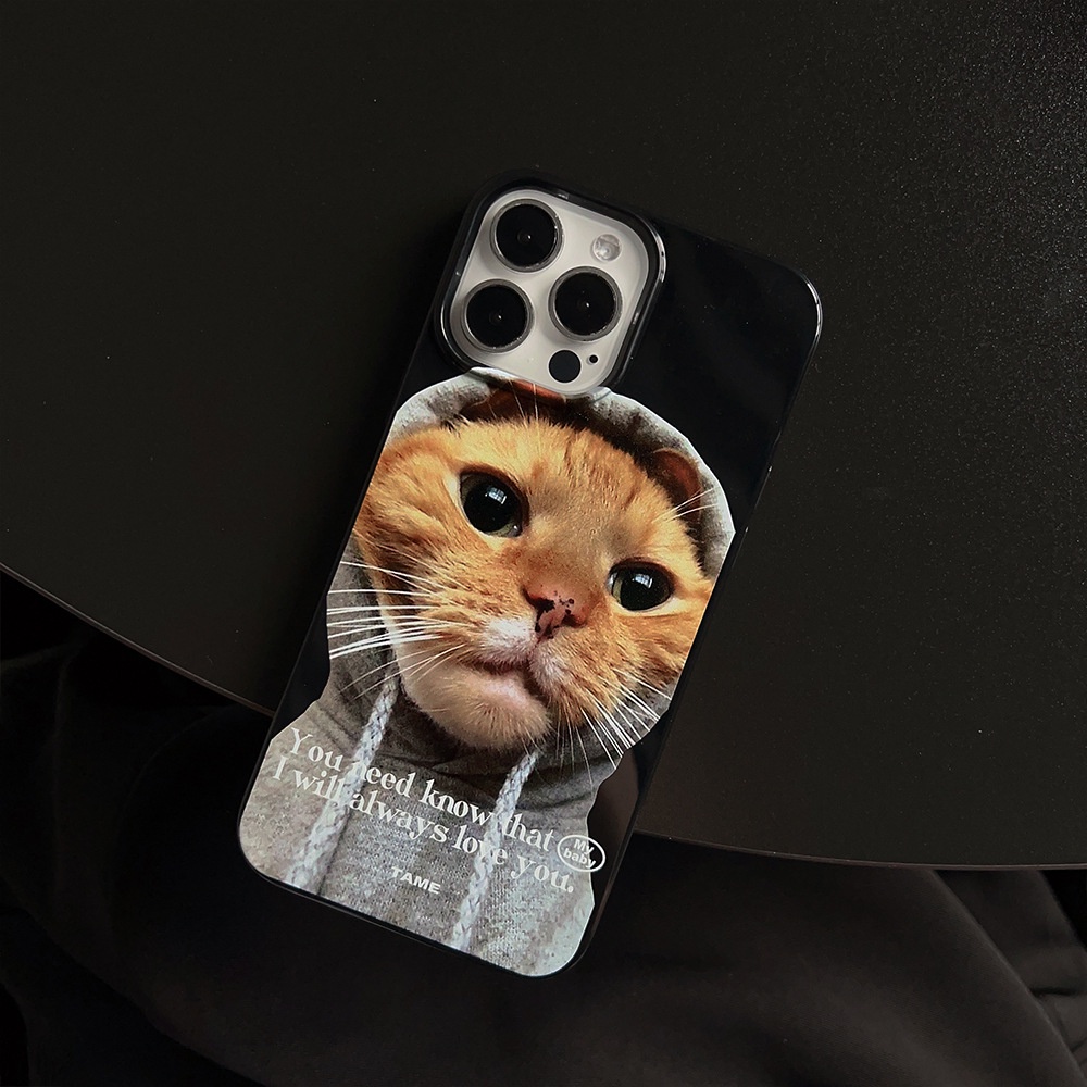 IPHONE Hoodie Lucu Kucing Orange Warna Solid Hitam Glossy Jelly Phone Case Cover Untuk Iphone7 8 PLUS X XR XS 11 12 13 14 MINI PRO MAX Se2020