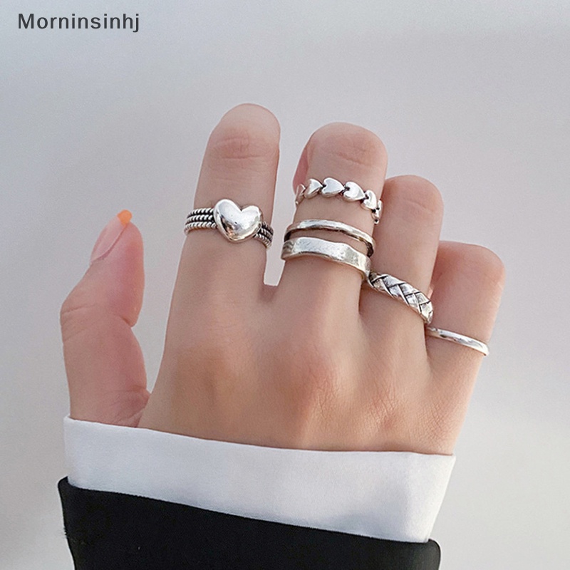 Mornin 5Pcs /Set Punk Metal Geometric Ring Set Untuk Wanita Vintage Minimalis Metal Wide Knuckle Ring Finger Perhiasan Hadiah id