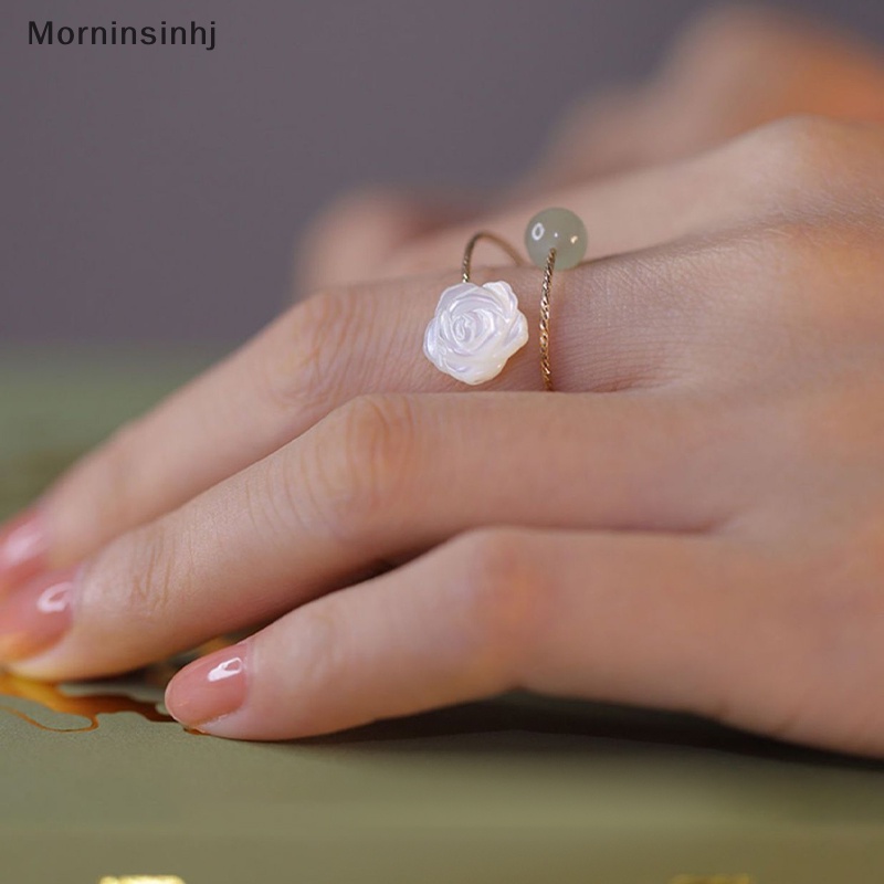 Mornin Vintage Fashion Hotan Jade White Rose Flower Open Rings Untuk Wanita Cincin Yang Dapat Disesuaikan Pesta Pernikahan Perhiasan Hadiah id