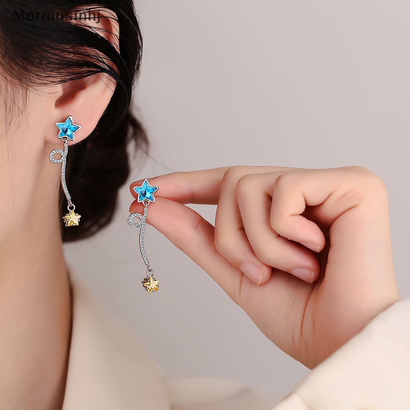 Mornin 1pasang Anting Liontin Bintang Kecil Biru Yang Indah Manis Sederhana Kristal Kuning Zirkon Bintang Anting Rumbai Untuk Wanita Perhiasan Hadiah id