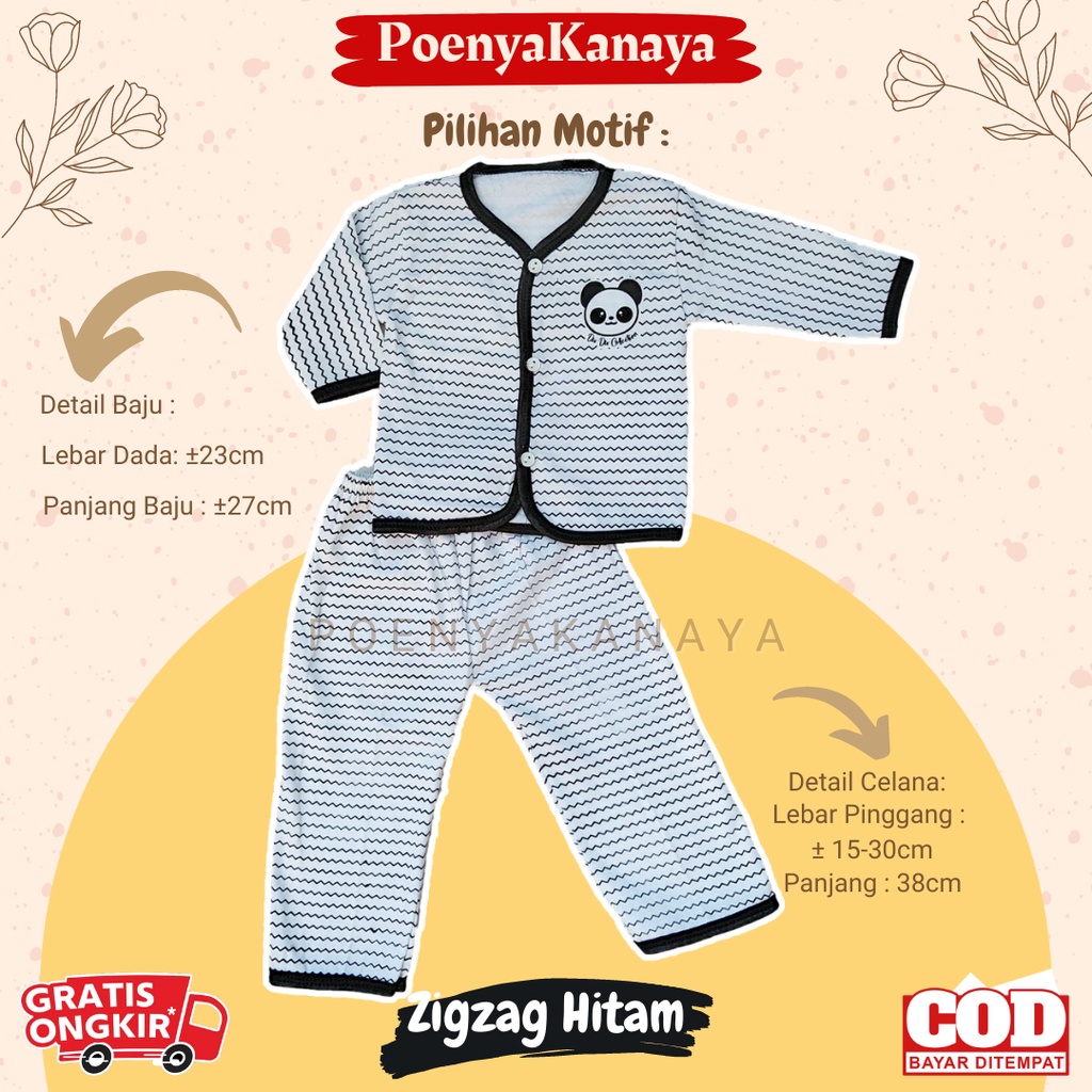 Setelan Baju Bayi Piyama Bayi Panjang Kancing Salur Zigzag Panda 0-6 Bulan SPY50