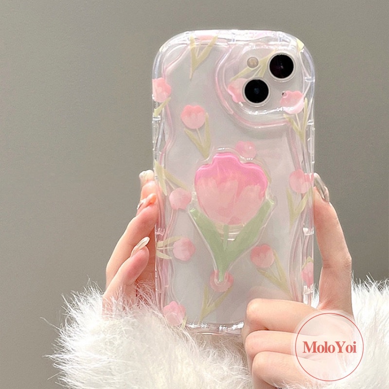 3d Wavy Curved Edge Fresh Flowers Tulip Case Kompatibel Untuk iPhone XR XS X Max11 12 14 13 Pro Max7 6 6s 8 Plus SE 2020 Stand Phone Bunga Dengan Braket Bunga Soft Cover