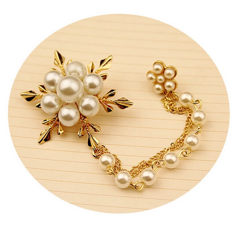 Bros Rumbai Rantai Snowflake Mutiara Elegan Bros Fashion Untuk Wanita Chain Pin Jewelry