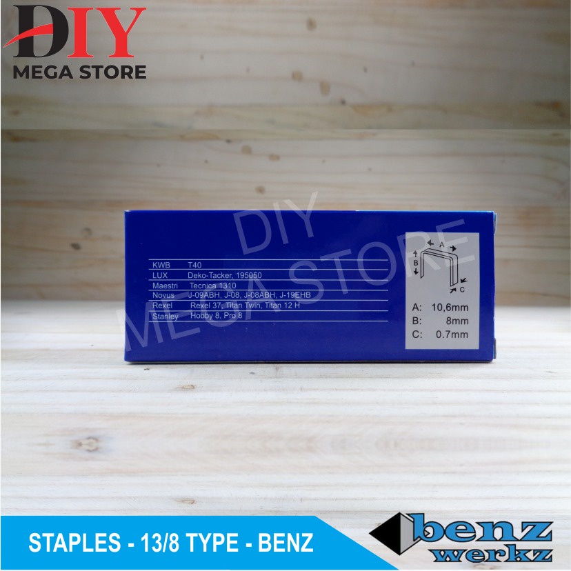 Isi stapler 13/8 benz werkz staples tembak angin 5000 pcs isi staples Staples 13/8 Benz Werkz isi 5000 Pcs Staples R23 Jok Motor, Sofa, Kayu dll DAN Isi staples 13/8mm atau ukuran 8mm untuk gun tacker manual.  Merk Kodenki Type KDK-13/8 Isi 5000pcs  Isi s