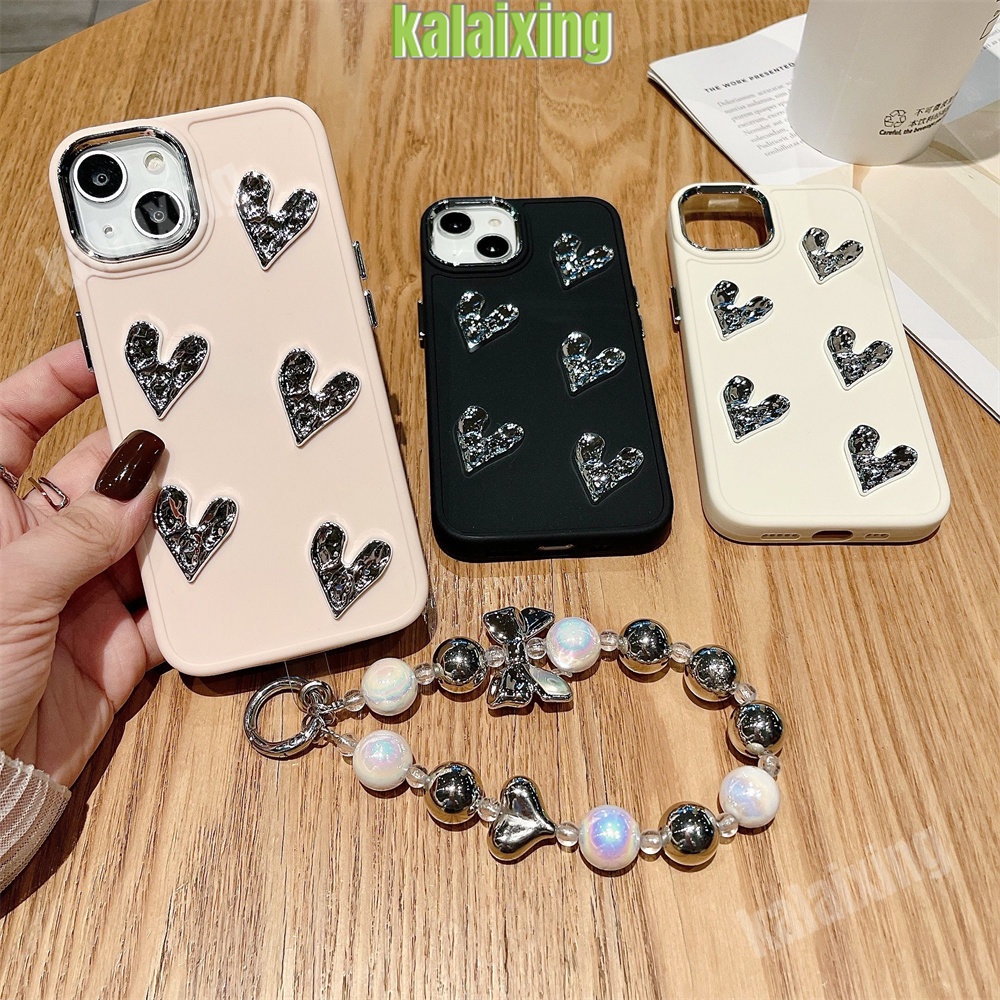 Casing Ponsel Tpu Lembut Tekstur Hati 3D Modis Untuk iPhone 14 Pro 14 Pro Max 11 Pro Max12 13 Pro Max Xs Max 7 /8Plus Gelang Dengan Manik-Manik Penutup Belakang