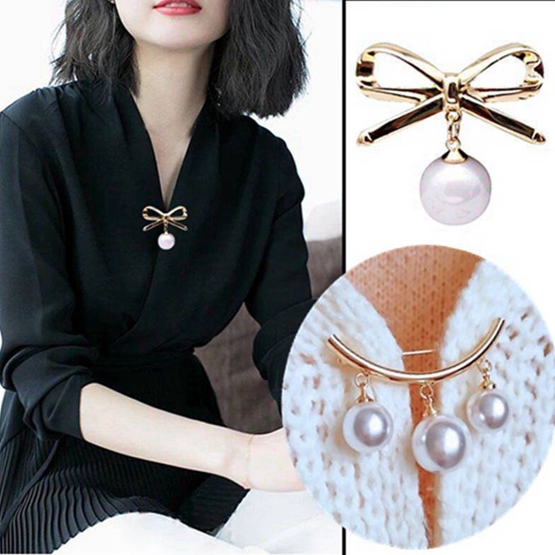 Fashion Mutiara Tetap Tali Pesona Safety Pin Bros Tetap Anti Slip Pin Korea Ikatan Simpul Pearl Brooch