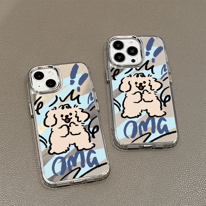 IPHONE Kartun Anjing Lucu Cermin Ponsel Case Kompatibel Untuk Iphone11 12 13 14 12Pro 13Pro 14Pro Pro Max XR X XS Max Electroplating Tombol Perlindungan Mirror Cover