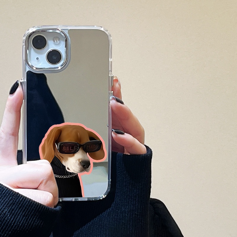 IPHONE Kacamata Hitam Keren Dog Mirror Phone Case Kompatibel Untuk Iphone11 12 13 14 12Pro 13Pro 14Pro Pro Max XR X XS Max Electroplating Tombol Perlindungan Mirror Cover