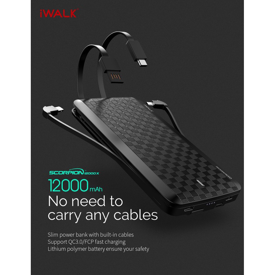 AKN88 - Original IWALK UBT12000X Scorpion Power Bank 12000mAh Built-in Cable