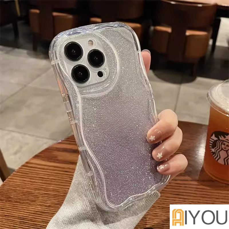 IPHONE Ins Gradiasi Glitter Bening Ponsel Case Untuk Iphone14 13 12 11 Pro Max X XR Xs7 8 Plus S2022 Curly Wavy Frame Shockproof Cover