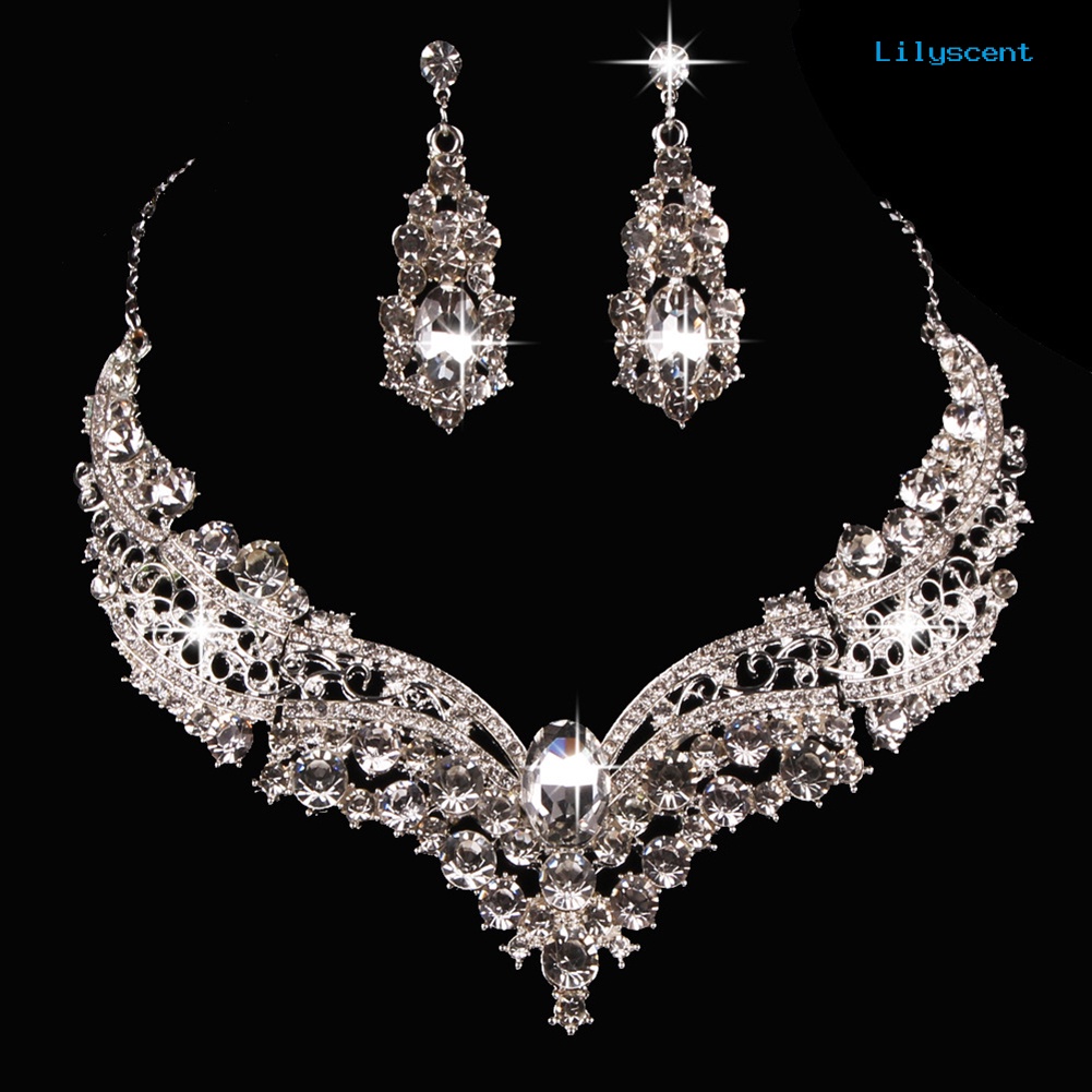 [LS]Wedding Bridal Queen Style Berlian Imitasi Sepenuhnya Mengkilap Kalung Anting Set Perhiasan