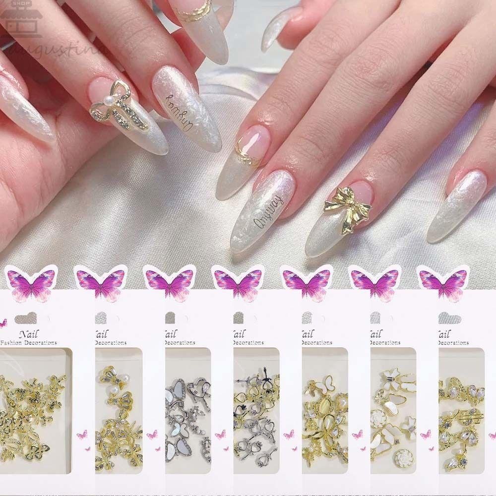 Agustina Busur Dekorasi Kuku Pesona Kuku Emas Perak Cinta Hati Kupu-Kupu Manikur Aksesoris Bunga 3D Nail Art Drills