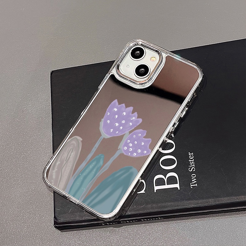 IPHONE Casing Ponsel Cermin Bunga Purper Kompatibel Untuk Iphone11 12 13 14 12Pro 13Pro 14Pro Pro Max XR X XS Max Electroplating Tombol Perlindungan Mirror Cover