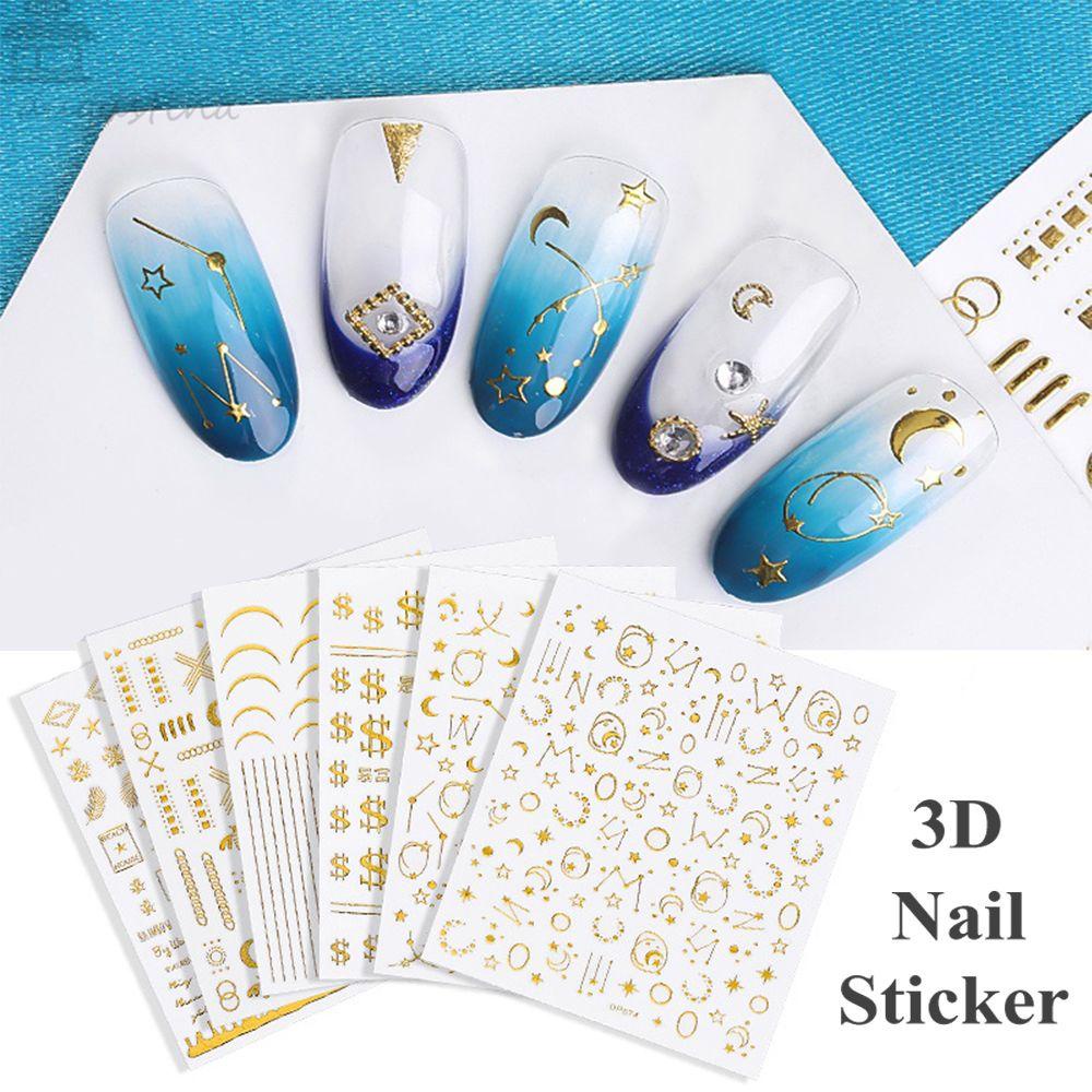 AUGUSTINA Agustin 3D Stiker Kuku DIY Dekorasi Nail Art Nail Tips Nail Patch Gold Embossed Starry Metal Strip