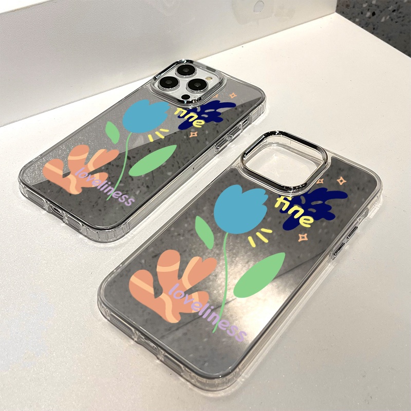 IPHONE Casing Ponsel Cermin Graffiti Bunga Kompatibel Untuk Iphone11 12 13 14 12Pro 13Pro 14Pro Pro Max XR X XS Max Electroplating Tombol Perlindungan Mirror Cover