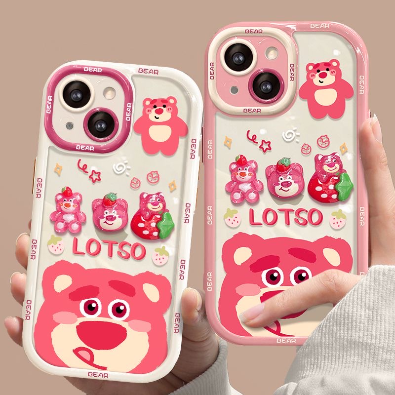 Stereoscopic Doll Puff Lotso Strawberry Bear Silicone SoftCase iPhone XR XS Max 11 12 13 14 Pro Max 14 Plus Girl Woman's Fashion Pretty Cute Phone Case