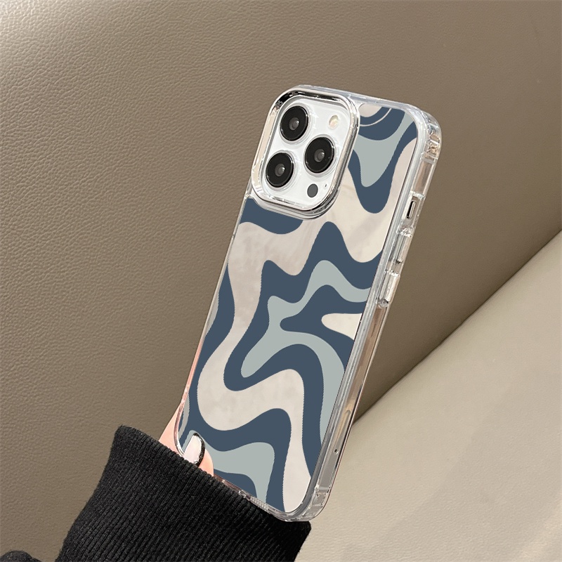 IPHONE Art Grey Blue Painting Mirror Phone Case Kompatibel Untuk Iphone11 12 13 14 12Pro 13Pro 14Pro Pro Max XR X XS Max Electroplating Tombol Perlindungan Mirror Cover