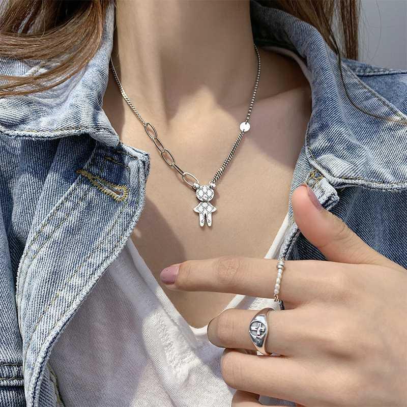 S925 All-Match Bear Kalung Perempuan Rantai Klavikula Liontin Thai Silver Retro Lucu Sederhana Murah Hati Influencer