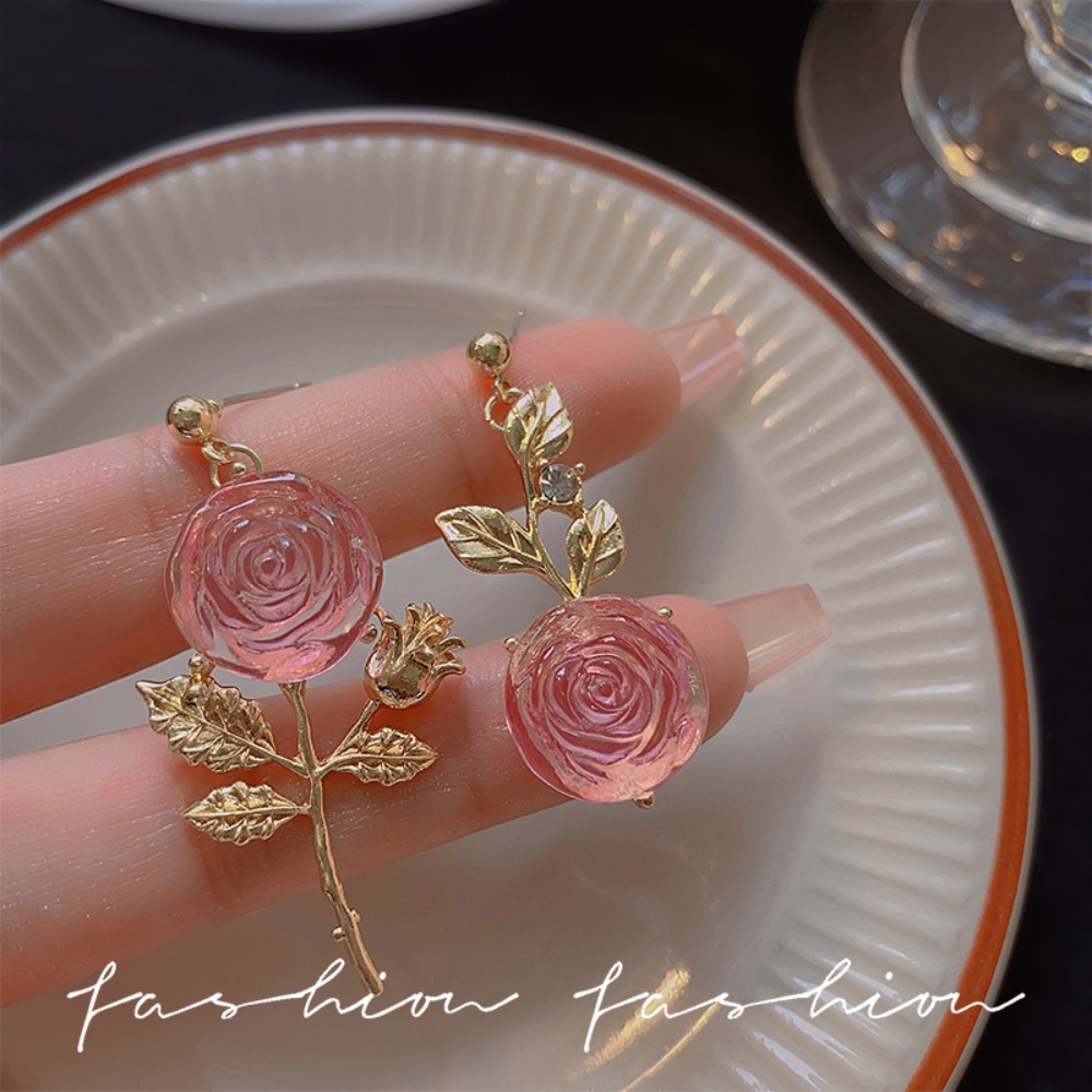 Deartiara Cherry Blossom Pink Kristal Rose Anting Wanita Temperamen Asimetris Perancis Anting Vintage Anting Selebriti