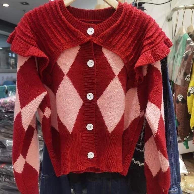 MONA WOMAN KNIT CARDIGAN IMPORT KOREAN STYLE BAJU RAJUT WANITA MUSIM DINGIN - MERAH