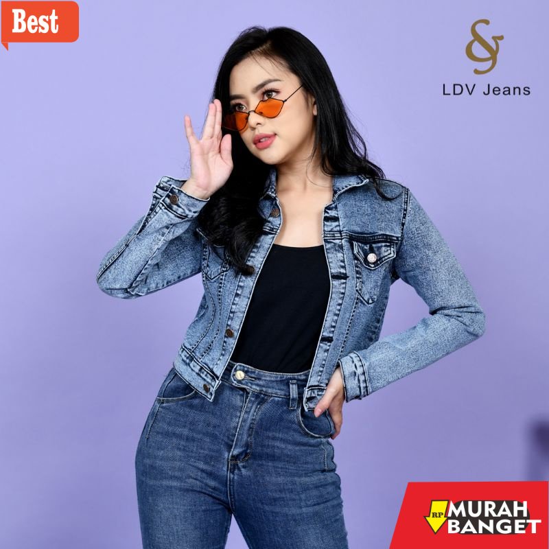 Jaket denim wanita terbaru- LDV - Jaket Jeans Crop Wanita (slimfit) Crop Jacket Denim Realpict