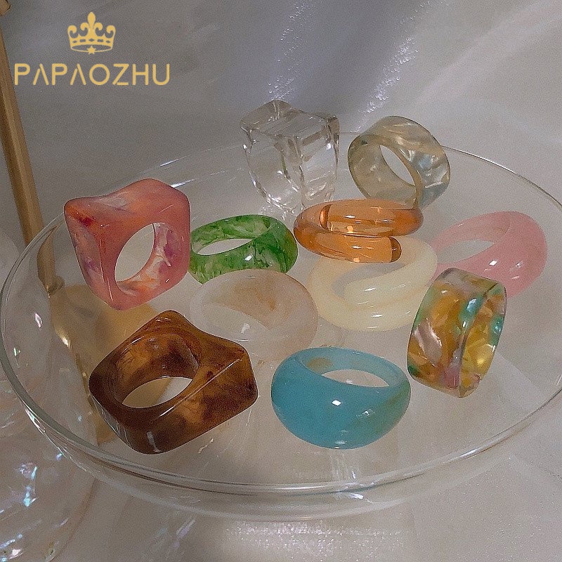 Papaozhu Trendi Warna-Warni Resin Chunky Cincin Wanita Perempuan Elegan Susun Akrilik Statement Ring Fashion Jari Perhiasan