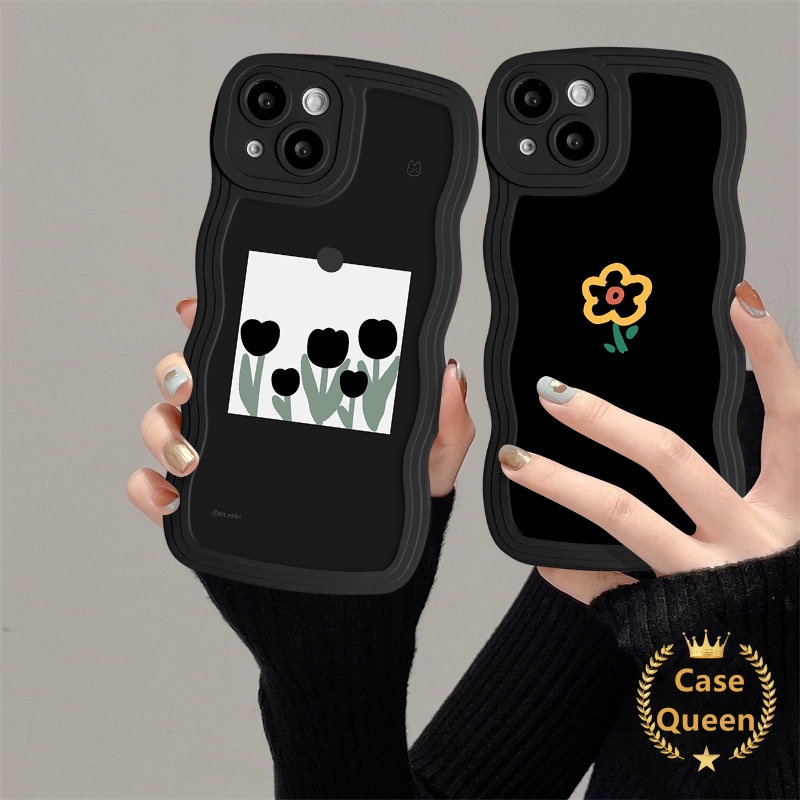 Casing Bunga Retro Kompatibel Untuk IPhone 11 Pro Max 7Plus XR XS X Max12 14 13 Pro Max7 8 6 6s Plus SE 2020 Fresh Simple Vintage Flower Stick Figure Tulips Lembut Bergelombang Penutup Tepi