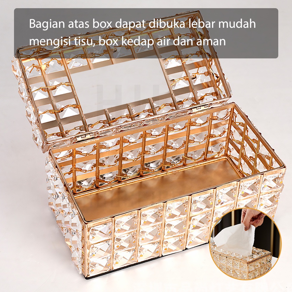 HUGO Kotak Tisu Tempat Penyimpanan Tisu Kristal Premium Wadah Tissue Emas Mewah