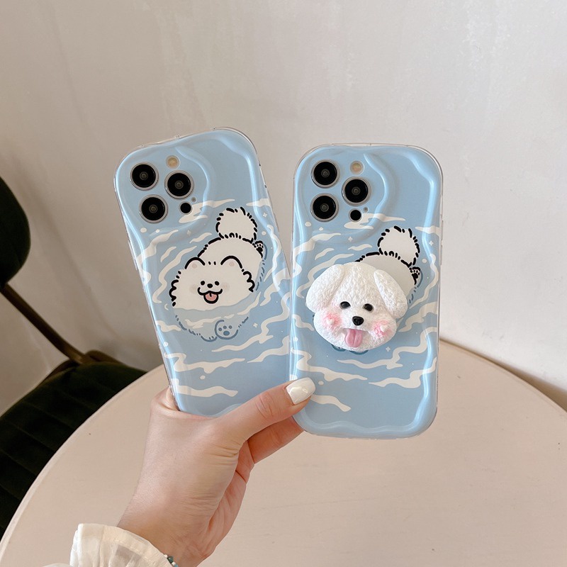 Cream Casing Swimming Dog Popsocket Soft Case HP iP iPhone 6 6S 7 8 14 + Plus SE 2020 2022 X XS XR 11 12 13 Pro Max Girl Woman