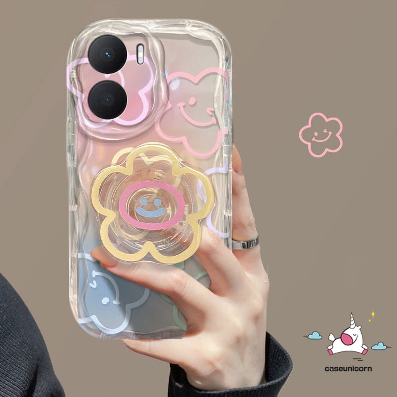 Case Holder Bunga Smiley Lucu Kompatibel Untuk iPhone 7Plus 8 7 6 6s Plus 11 14 13 12 Pro Max XR X XS Max SE 2020 3D Wavy Curved Edge Soft Colorful Line Flower With Stand Bracket