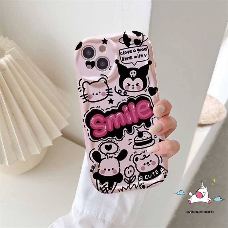 Untuk Realme C53 C35 C55 C33 C31 C11 9i 5s 6i 5i 7i 5c25 C30 C15 C25s C21Y C25Y C17 C21 C20 C3 C12 C2 C1 3D Wavy Curved Edge Kartun Kulomi Lucu Hello Kitty Doodle Huruf Soft Case