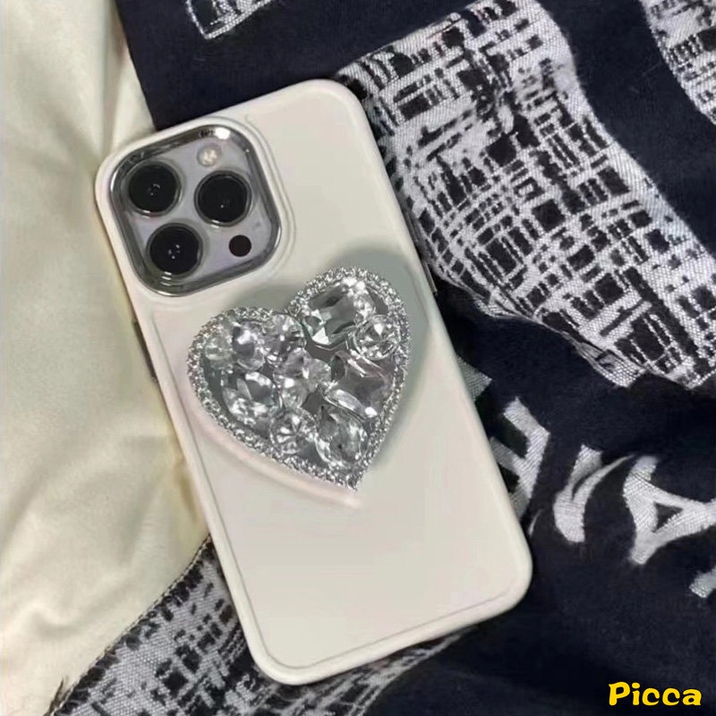 IPHONE 3d Berlian Cinta Hati Phone Holder Macaron Color Phone Case Kompatibel Untuk Iphone11 13 14 12 Pro MAX 7plus X XR 7 8 Plus XS MAX Holder Bracket Pelindung Soft Cover