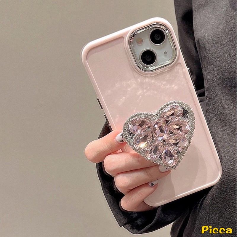 IPHONE Case Holder Ponsel Warna Macaron Kompatibel Untuk Iphone7 8 Plus 7plus 11xr 13 14 12 11 Pro MAX X XS MAX Mewah Simple Bling Diamond Love Heart Bracket Soft Cover