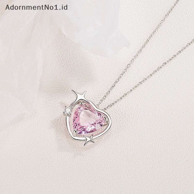 [AdornmentNo1] Gaya korea Fashion Vintage Hollow Pink kristal liontin hati warna Silver kalung rantai leher untuk wanita perhiasan pernikahan